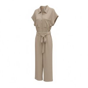 A New Day Beige Utility Jumpsuit 2X Belted Wide Leg Collared Button Front NWT